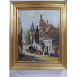 FRAMED OIL ON CANVAS STREET SCENE WITH FIGURES IN