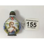 A CHINESE PORCELAIN IMPORT WARE SNUFF BOTTLE WITH HAND PAINTED CONTINENTAL AND ORIENTAL SCENES, FOUR