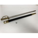 A REPRODUCTION BRASS HANDLED BAYONET IN THE FRENCH STYLE, WITH LEATHER SCABBARD, 73.5CM LONG