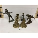 ASSORTED FIGURES, INCLUDING A PAIR OF BRASS WALL BRACKETS, BRASS FIGURE OF TWO DOLPHINS, CHERUB