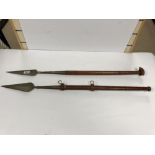 TWO VINTAGE INDIAN MUGHAL BALL TIPPED STEEL BLADE BOTHATI SPEARS WITH WOODEN SHAFTS, 94.5CM LONG
