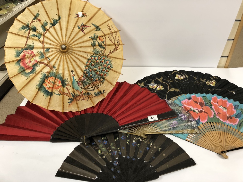 FIVE VINTAGE FANS AND A PARASOL - Image 2 of 18