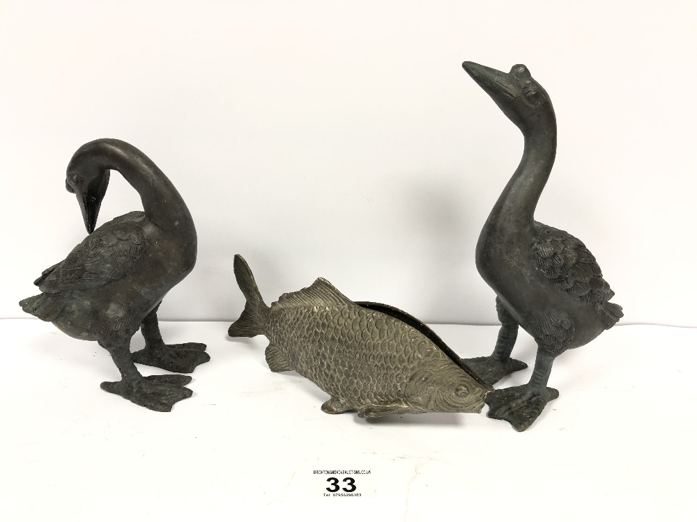 THREE ANIMAL SCULPTURESTWO LEAD BIRDS AND A PLATED