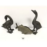 THREE ANIMAL SCULPTURESTWO LEAD BIRDS AND A PLATED