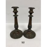 A PAIR OF LARGE SILVER PLATE CANDLESTICKS, 29CM HIGH (AF)