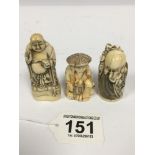 A GROUP OF THREE CARVED CHINESE IVORY NETSUKES, EACH DEPICTING ELDERLY MEN WITH RED CHARACTER MARK