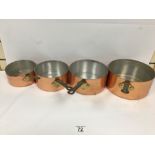SET OF FOUR GRADUATED COPPER AND BRASS FRENCH PANS