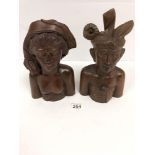 TWO INDONESIAN CARVED HARDWOOD BUSTS/BOOKENDS, BOTH SIGNED TO BASE "AA FATIMAH BALI" LARGEST 27CM