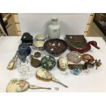 BOX OF ORIENTAL CERAMICS AND GLASS WARE AND WOODEN