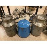 TWO MILK CHURNS AND A BLUE FRENCH DOUGH BIN