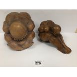 TWO INTERESTING VINTAGE WOODEN CARVINGS OF CROUCHING MEN WITH THEIR HEADS IN THEIR HANDS ONE