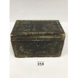 A 19TH CENTURY CHINESE BLACK LACQUERED WOOD TEA CADDY OF RECTANGULAR FORM, THE LID OPENING TO REVEAL
