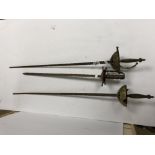 THREE ANTIQUE STYLE DUALLING SWORDS WITH BRASS HILTS, LARGEST APPROX 99CM LONG