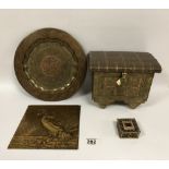 AN INDIAN NOVELTY HAMMERED BRASS JEWELLERY CASKET SHAPED AS A WAGON, AND A SMALL JEWELLERY BOX