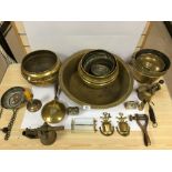 COLLECTION OF BRASS WARE BOWLS BURNERS AND CLOCKS