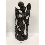 A LARGE CARVED ORIENTAL WOODEN FIGURE OF A DANCING LADY, 39CM HIGH
