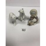 THREE LLADRO PORCELAIN FIGURES OF POLAR BEARS, LARGEST 12CM HIGH