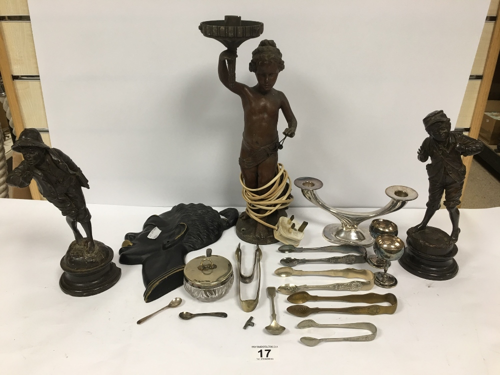 GROUP OF METAL STATUES AND EPNS CUTLERY AND OTHER