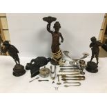 GROUP OF METAL STATUES AND EPNS CUTLERY AND OTHER