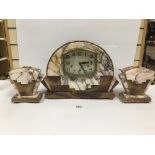 AN ART DECO FRENCH MARBLE CLOCK GARNITURE BY G HERBE ROUEN, THE DIAL WITH ARABIC NUMERALS DENOTING