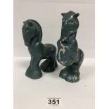 TWO CAST METAL FIGURES OF HORSES, TURQUOISE IN COLOUR, 20.5CM HIGH