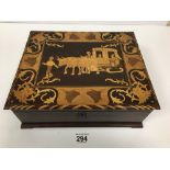 A SORRENTO WARE MUSICAL SEWING STORAGE BOX WITH INLAID MARQUETRY INLAY THROUGHOUT THE LID, OPENING