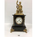A LATE 19TH CENTURY FRENCH SLATE WITH MARBLE INLAY MANTLE CLOCK BY BIDAULT, THE TOP ADORNED WITH A