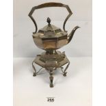 A SILVER PLATED KETTLE ON STAND WITH SPIRIT BURNER, RD NUMBER STAMPED TO BASE 606564, 36CM HIGH