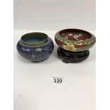 TWO ORIENTAL CLOISSONE ENAMEL CIRCULAR BOWLS, ONE WITH WOODEN STAND