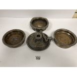 THREE SILVER PLATE WINE BOTTLE COASTERS AND A SILVER PLATE CANDLESTICK WITH SNUFFER
