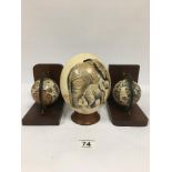 PAIR OF GLOBE BOOKENDS WITH A HAND PAINTED OSTRICH