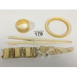 COLLECTION OF IVORY ITEMS, INCLUDING BANGLE, GLOVE STRETCHERS, SINGLE NAPKIN RING ETC