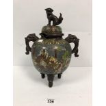 A CHINESE BRONZE AND CHAMPLEVE ENAMEL TWO HANDLED VASE AND COVER OF GLOBULAR FORM, THE COVER WITH