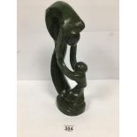 A LARGE ZIMBABWEAN VERDITE SCULPTURE, SIGNED TO BASE CHARLES DANDA, 38.5CM HIGH