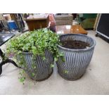 TWO VERY LARGE GALVANISED PLANTER POTS ONE WITH IVY THE OTHER WITH JUST SOIL 54CM HIGH BY 47CM WIDE