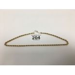 A 9CT GOLD ROPE TWIST CHAIN OF GRADUATING FORM, 40CM LONG, 6.5G