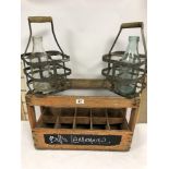 VINTAGE BEER CRATE WITH TWO VINTAGE MILK BOTTLE CR