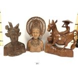 THREE WOODEN SCULPTURES INCLUDING TWO FROM BALI