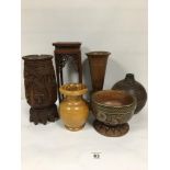 SIX WOODEN RELATED ITEMS INCLUDING FIVE VASES AND