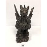A VERY LARGE ANTIQUE 19TH CENTURY CARVED WOODEN FIGURE OF A WINGED BALINESE TEMPLE DRAGON,