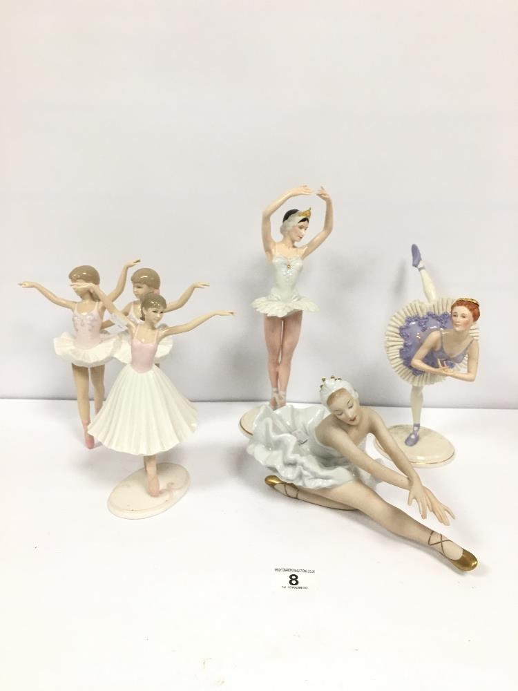 A GROUP OF FIVE PORCELAIN FIGURES OF BALLERINA'S. INCLUDING TWO FROM "THE LEONARDO COLLECTION"