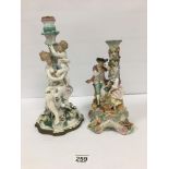 A LARGE 19TH CENTURY DRESDEN PORCELAIN FIGURAL CANDLESTICKS, 34CM HIGH (SOME FAULTS) TOGETHER WITH A