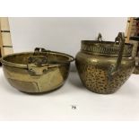 TWO BRASS CAULDRONS, LARGEST 35.5CM DIAMETER