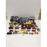 A BOX OF PLAYWORN DIE - CAST TOY VEHICLES INCLUDING MATCHBOX CORGI AND HOTWHEELS