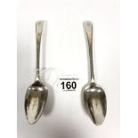 A PAIR OF GEORGE III SILVER DESSERT SPOONS, HALLMARKED LONDON 1799 BY GEORGE BURROWS I, 75G