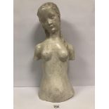 AN UNUSUAL FRENCH PLASTER BUST OF A STYLISED FEMALE, 59CM HIGH