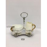 A MAPPIN & WEBB SILVER PLATED STRAWBERRY SET WITH COALPORT SUGAR BOWL AND CREAM JUG AND MATCHING