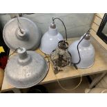 LIGHTSHADES AND LAMP, TWO GALVANISED AND TWO ENAMEL A BRASS LAMP