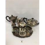 A SILVER PLATE TEA AND COFFEE SET, ANOTHER COFFEE POT WITH WICKER HANDLE AND MORE