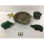A MIXED LOT OF CARVED ITEMS, INCLUDING A STONE TURTLE AND WARTHOG, BRONZE PORCUPINE DISH AND MORE